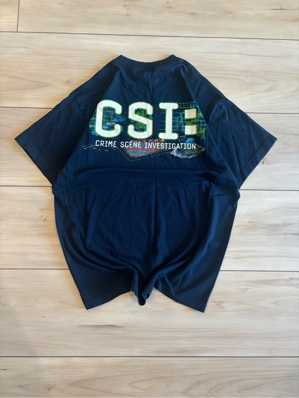 90s Vintage CSI crime scene investigation Graphic Short Sleeve Tee - Navy Blue